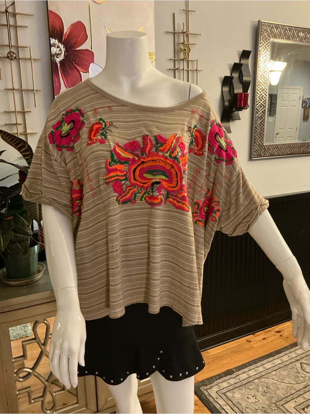 Free People Relaxed Off Shoulder Multi Embroidery Top Boho Festival Beachy Med
